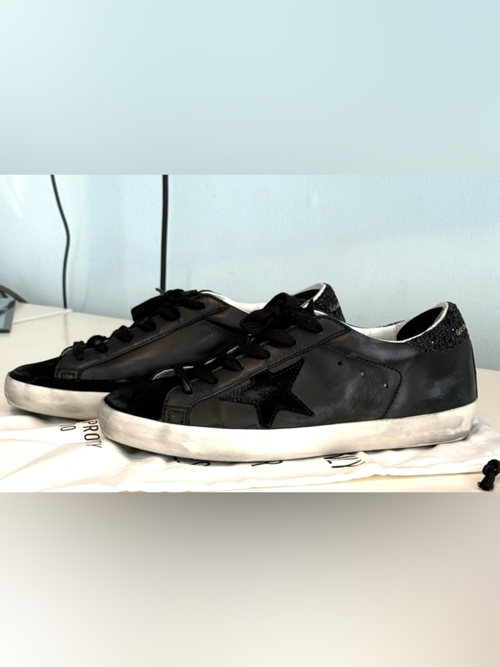 Golden Goose Superstar Black Leather Sneakers Glitter Heel Size 39